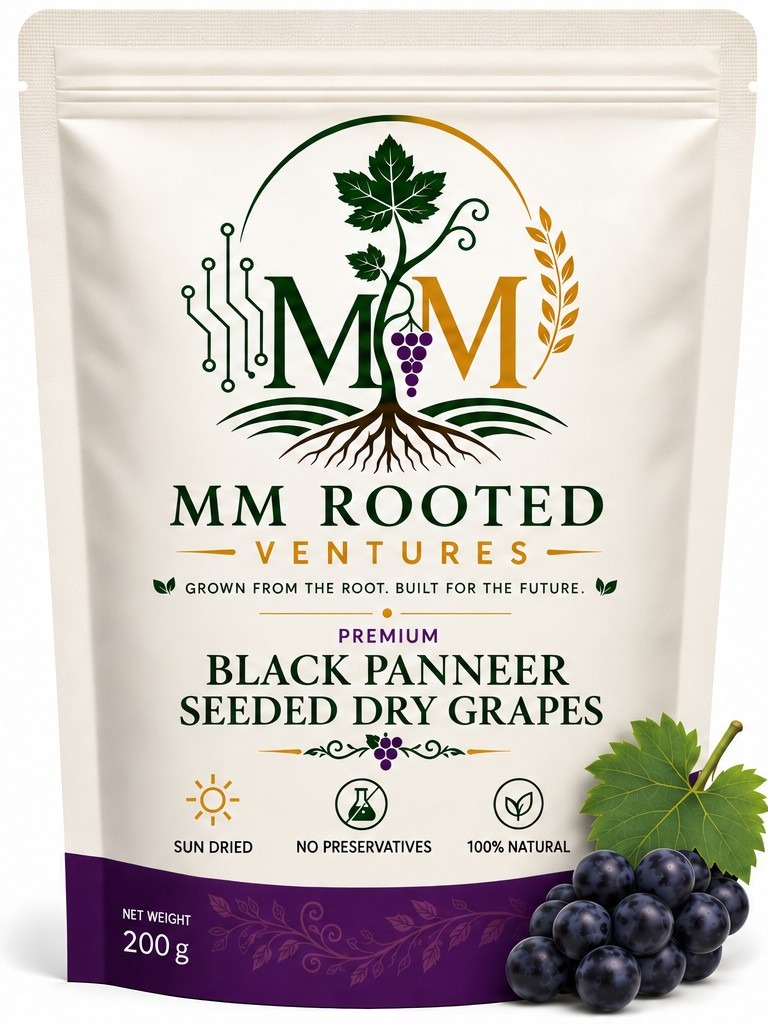 MM Rooted Ventures Black Panneer Seeded Dry Grapes packaging design
